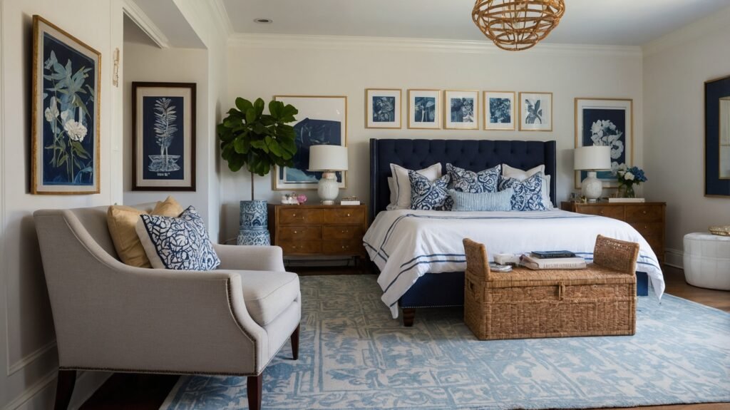 Preppy coastal style bedroom with navy blue and white.