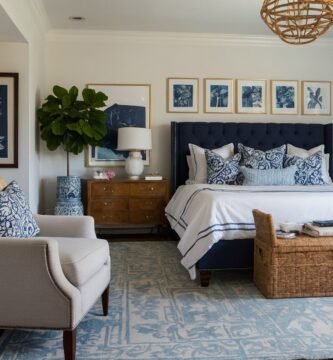 Preppy coastal style bedroom with navy blue and white.