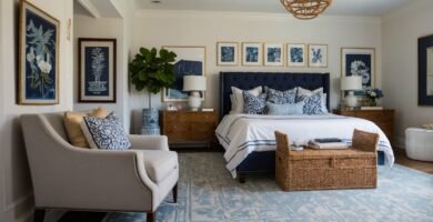 Preppy coastal style bedroom with navy blue and white.