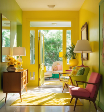 A vibrant midcentury foyer.