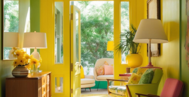 A vibrant midcentury foyer.