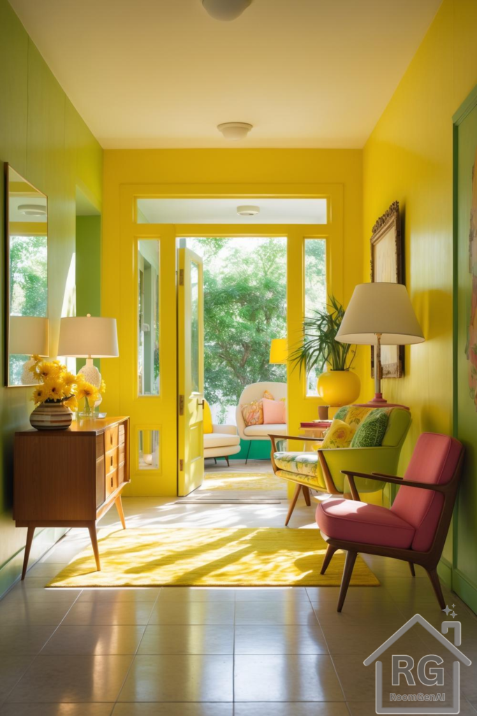 A vibrant midcentury foyer.