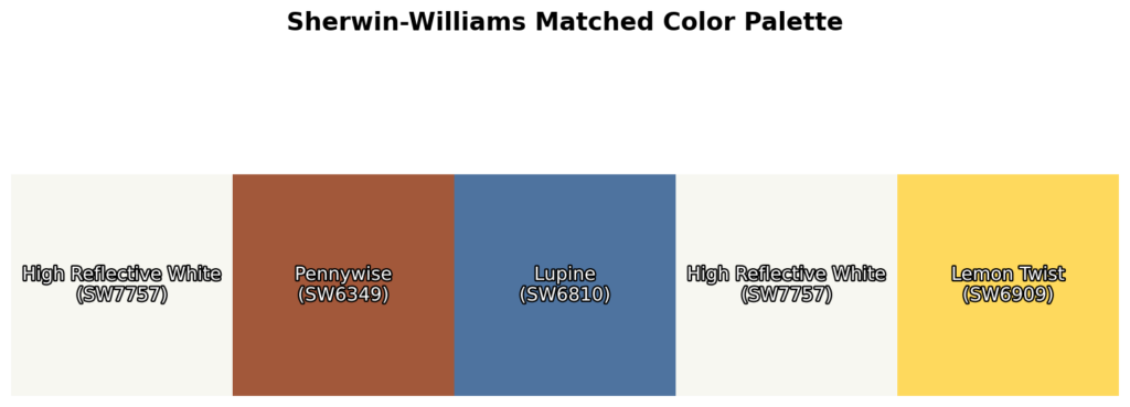 A color palette featuring High Reflective White (SW7757), Pennywise (SW6349), Lupine (SW6810), High Reflective White (SW7757), and Lemon Twist (SW6909).