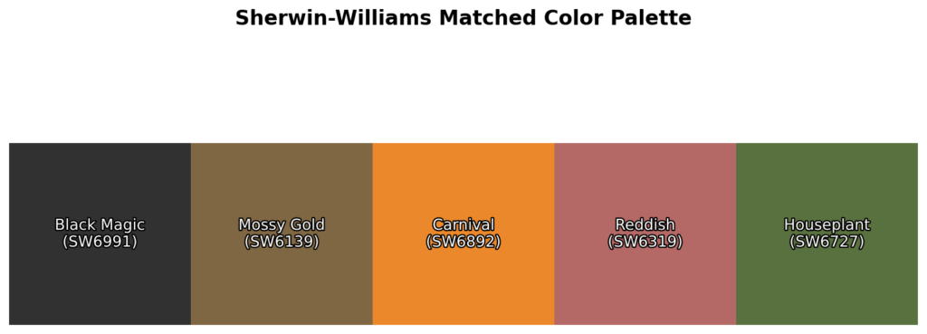 A color palette featuring Black Magic (SW6991), Mossy Gold (SW6139), Carnival (SW6892), Reddish (SW6319), and Houseplant (SW6727).