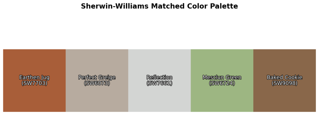 A color palette featuring Earthen Jug (SW7703), Perfect Greige (SW6073), Reflection (SW7661), Mesclun Green (SW6724), and Baked Cookie (SW9098).