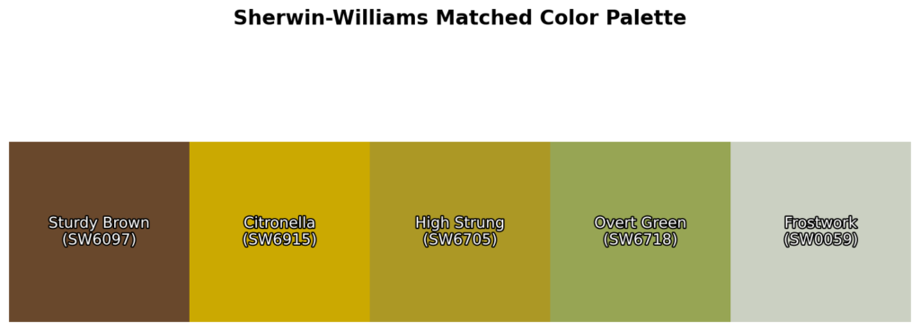 A color palette featuring Sturdy Brown (SW6097), Citronella (SW6915), High Strung (SW6705), Overt Green (SW6718), and Frostwork (SW0059).