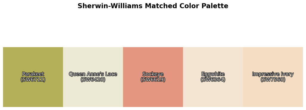 A color palette featuring Parakeet (SW6711), Queen Anne's Lace (SW6420), Sockeye (SW6619), Eggwhite (SW6364), and Impressive Ivory (SW7560).