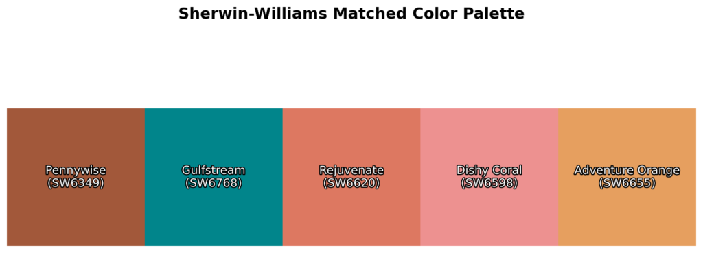 A color palette featuring Pennywise (SW6349), Gulfstream (SW6768), Rejuvenate (SW6620), Dishy Coral (SW6598), and Adventure Orange (SW6655).