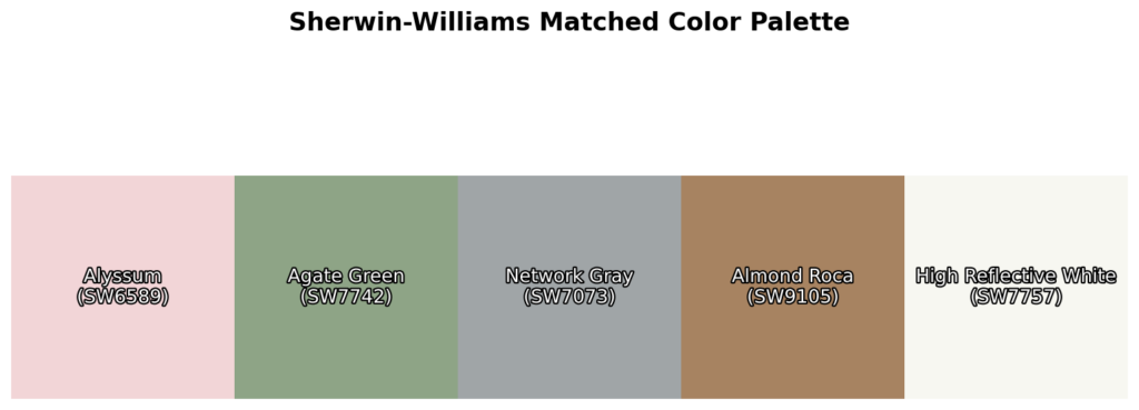 A color palette featuring Alyssum (SW6589), Agate Green (SW7742), Network Gray (SW7073), Almond Roca (SW9105), and High Reflective White (SW7757).