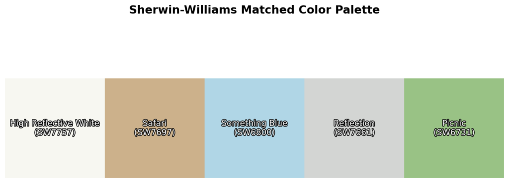 A color palette featuring High Reflective White (SW7757), Safari (SW7697), Something Blue (SW6800), Reflection (SW7661), and Picnic (SW6731).