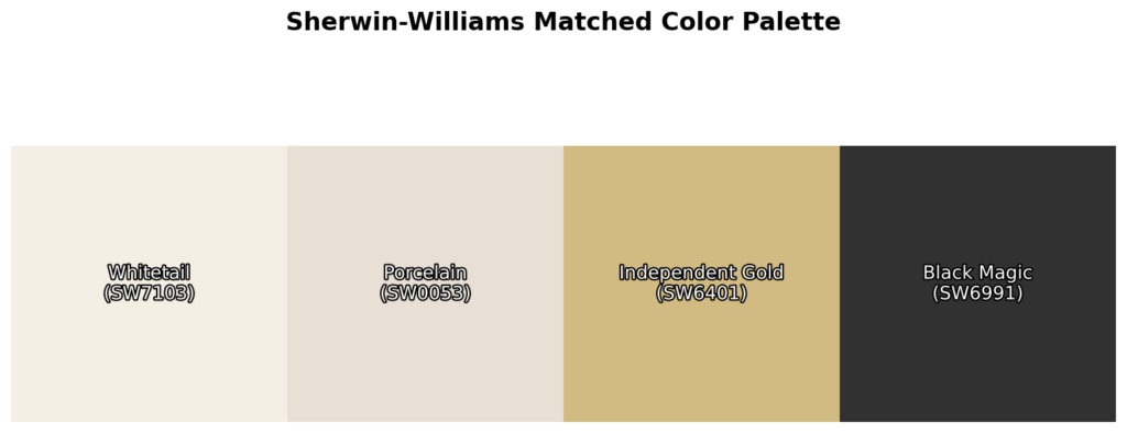 A color palette featuring Whitetail (SW7103), Porcelain (SW0053), Independent Gold (SW6401), and Black Magic (SW6991).