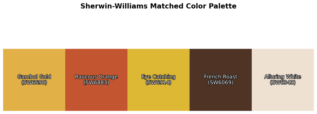 A color palette featuring Gambol Gold (SW6690), Raucous Orange (SW6883), Eye Catching (SW6914), French Roast (SW6069), and Alluring White (SW6343).