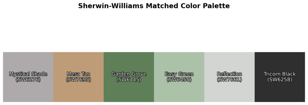 A color palette featuring Mystical Shade (SW6276), Mesa Tan (SW7695), Garden Grove (SW6445), Easy Green (SW6450), Reflection (SW7661), and Tricorn Black (SW6258).