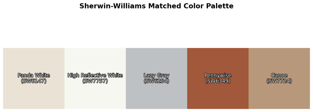 A color palette featuring Panda White (SW6147), High Reflective White (SW7757), Lazy Gray (SW6254), Pennywise (SW6349), and Canoe (SW7724).