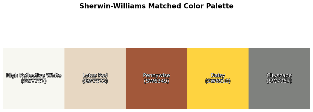 A color palette featuring High Reflective White (SW7757), Lotus Pod (SW7572), Pennywise (SW6349), Daisy (SW6910), and Cityscape (SW7067).