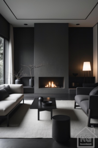 A dark Japandi living room featuring a sleek fireplace, minimal decor, and contrasting neutral furniture.