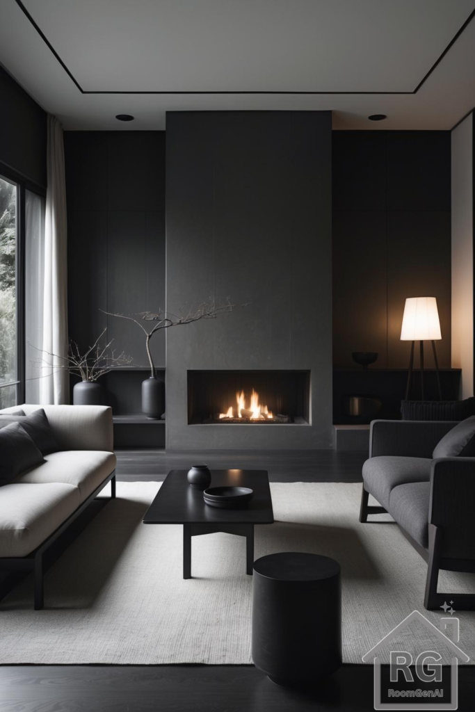 A dark Japandi living room featuring a sleek fireplace, minimal decor, and contrasting neutral furniture.