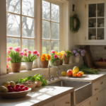 A farmhouse kitchen with Spring flowers.