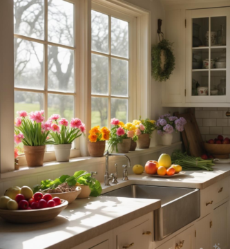 A farmhouse kitchen with Spring flowers.