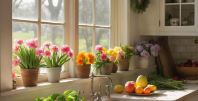 A farmhouse kitchen with Spring flowers.