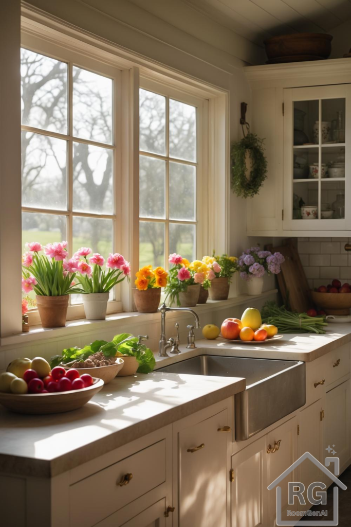 A farmhouse kitchen with Spring flowers.