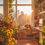 A loft home office full of sunshine and flowers.