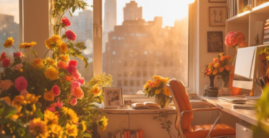 A loft home office full of sunshine and flowers.