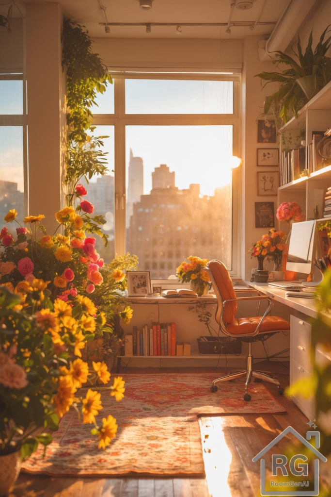 A loft home office full of sunshine and flowers.