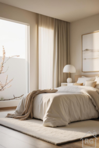 A light-filled, neutral-toned bedroom featuring soft bedding, minimal decor, and a serene ambiance.