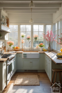 A bright cottage kitchen with painted sage green cabinets, butcher block countertops, a white farmhouse sink, brass hardware, and vases of fresh pink flowers on the windowsill.