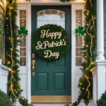 A front porch decorated for St. Patrick's Day.