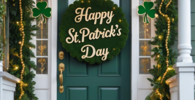 A front porch decorated for St. Patrick's Day.