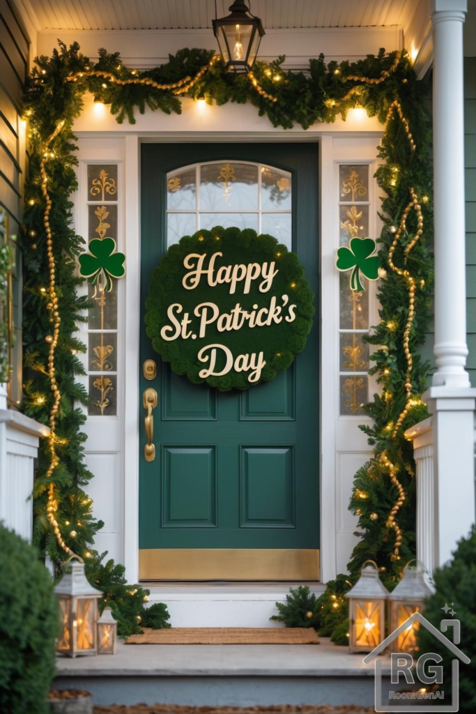 A front porch decorated for St. Patrick's Day.