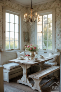 A cozy French country breakfast nook featuring floral wallpaper, distressed wood seating, and vintage-inspired tableware.