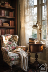 A cozy Grandmillennial reading nook with a floral armchair, lace curtains, polished wood furniture, and a vintage-inspired lamp.