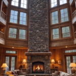 A grand mountain cabin living room featuring a towering stone fireplace, soaring ceilings, and warm wood accents.