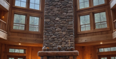 A grand mountain cabin living room featuring a towering stone fireplace, soaring ceilings, and warm wood accents.