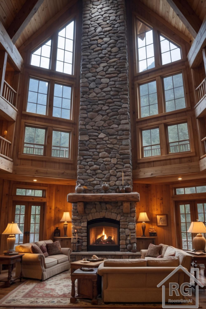 A grand mountain cabin living room featuring a towering stone fireplace, soaring ceilings, and warm wood accents.
