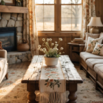 A sunlit prairie-style living room featuring wooden walls, a stone fireplace, and soft floral accents.