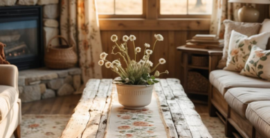 A sunlit prairie-style living room featuring wooden walls, a stone fireplace, and soft floral accents.