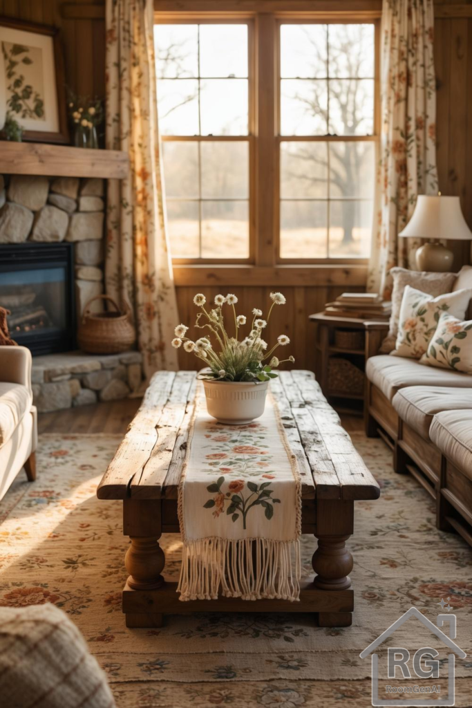 A sunlit prairie-style living room featuring wooden walls, a stone fireplace, and soft floral accents.