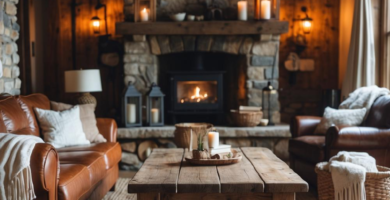 A rustic cabin-inspired living room.