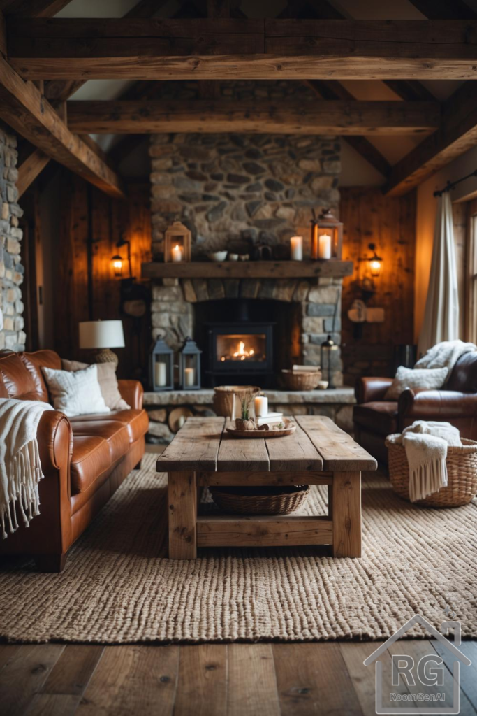 A rustic cabin-inspired living room.