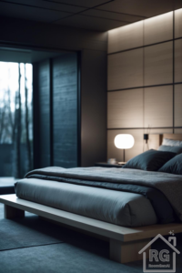A dimly lit Japandi style bedroom with dark wood accents, minimalist decor, and cozy layered bedding.