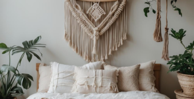 A neutral bohemian bedroom.