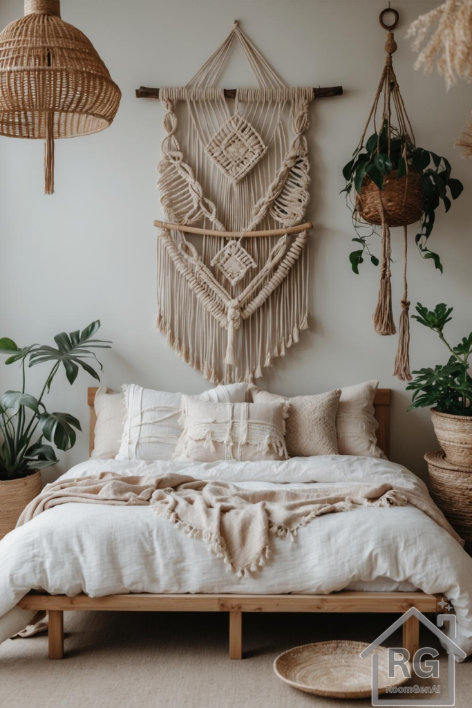 A neutral bohemian bedroom.