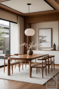 A bright Japandi-style dining room with a wooden table, matching chairs, and minimalist decor in warm neutral tones.
