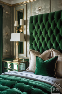 A luxurious Hollywood Regency bedroom with a tufted green velvet headboard, gold accents, and damask wallpaper.