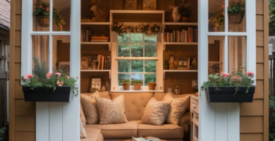 A cozy shed-turned-living space featuring a comfy sofa, warm wood accents, and inviting decor.