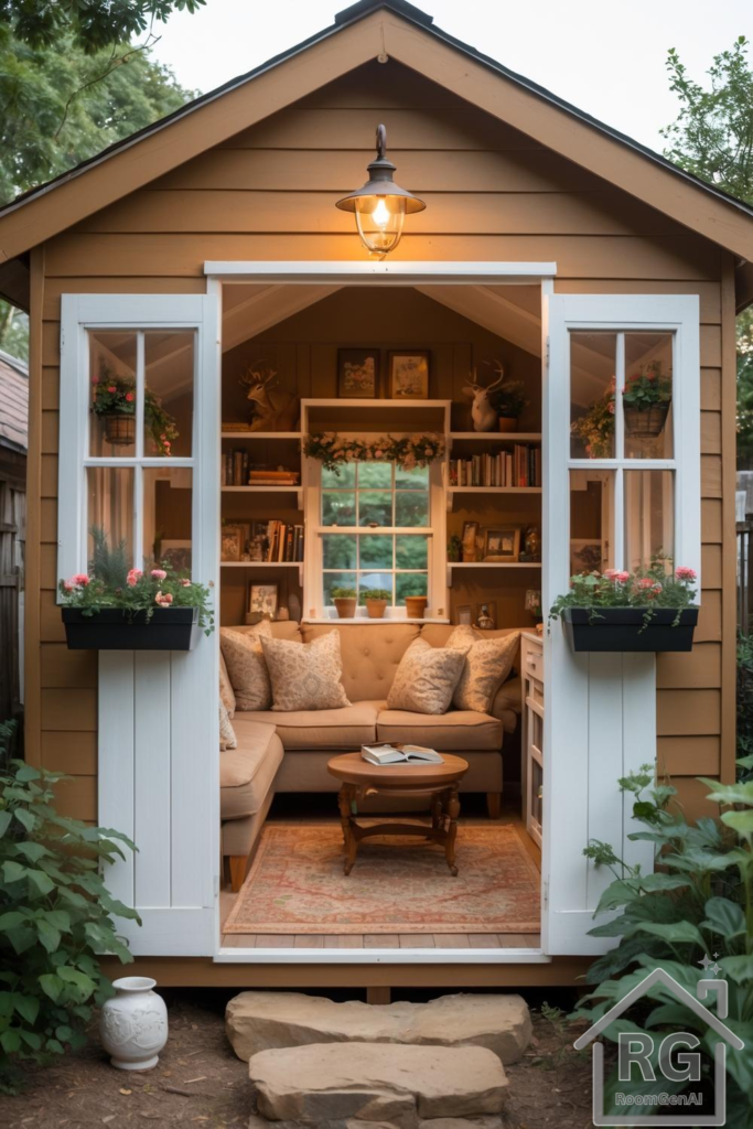 A cozy shed-turned-living space featuring a comfy sofa, warm wood accents, and inviting decor.